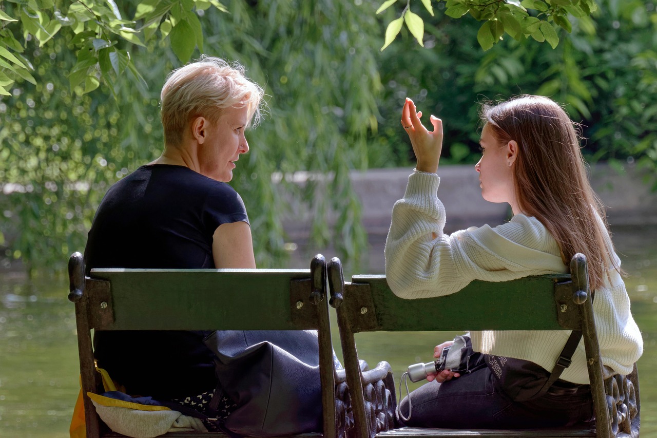 people, woman, mother, daughter, sitting, talking, bench, park, lake, nature, trees, relaxation